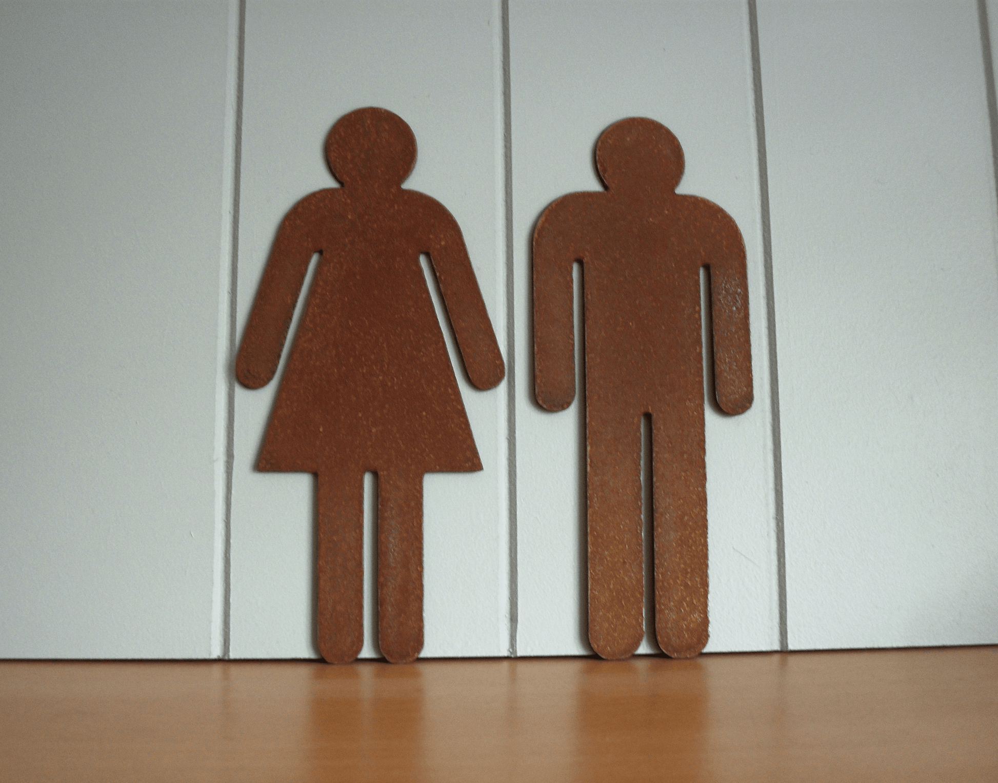 Rustic Metal WC Toilet Door Signs - Brown male and female restroom signs on a white wall.