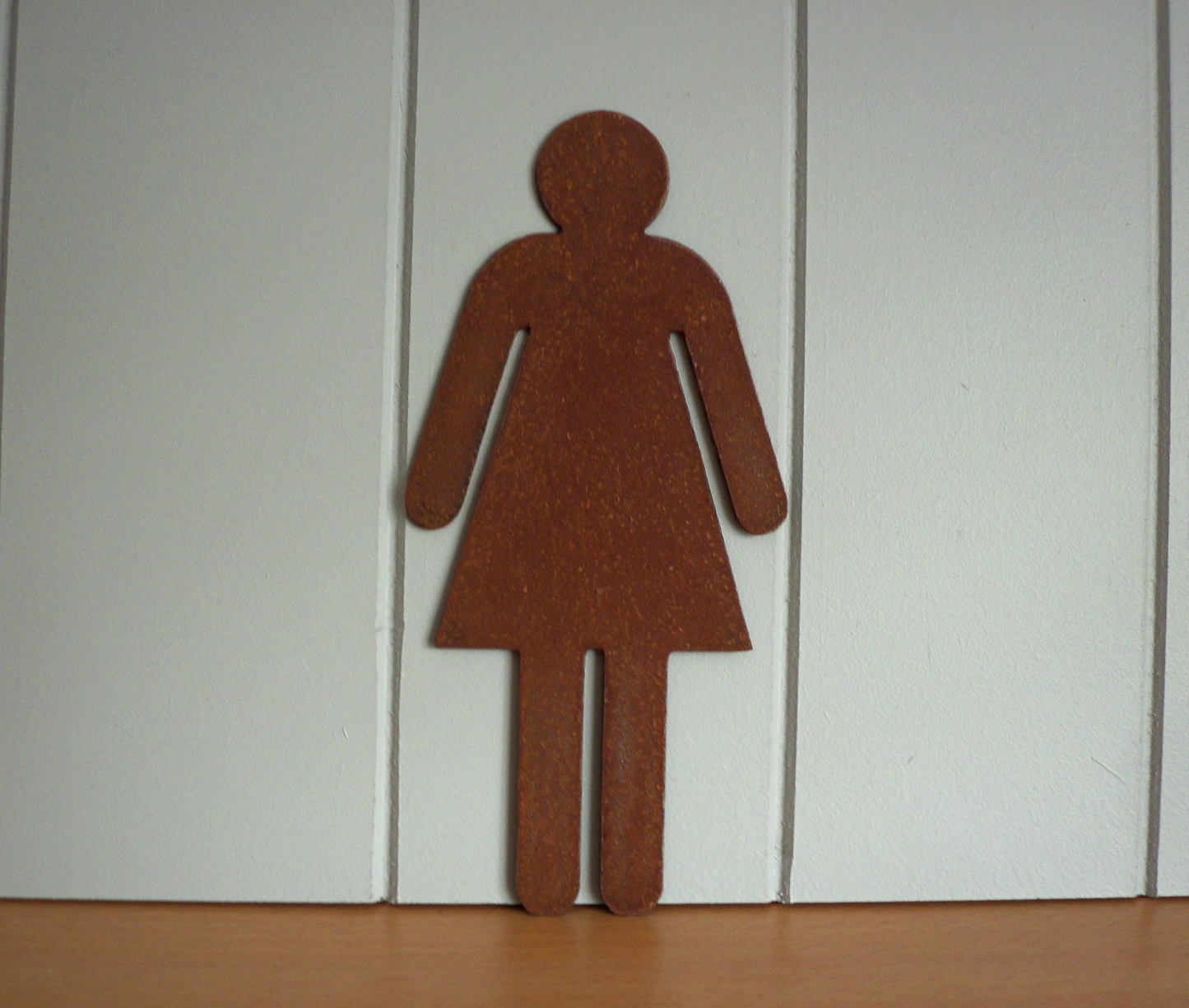 Rustic Metal WC Toilet Door Signs - female symbol on a white wooden panel background