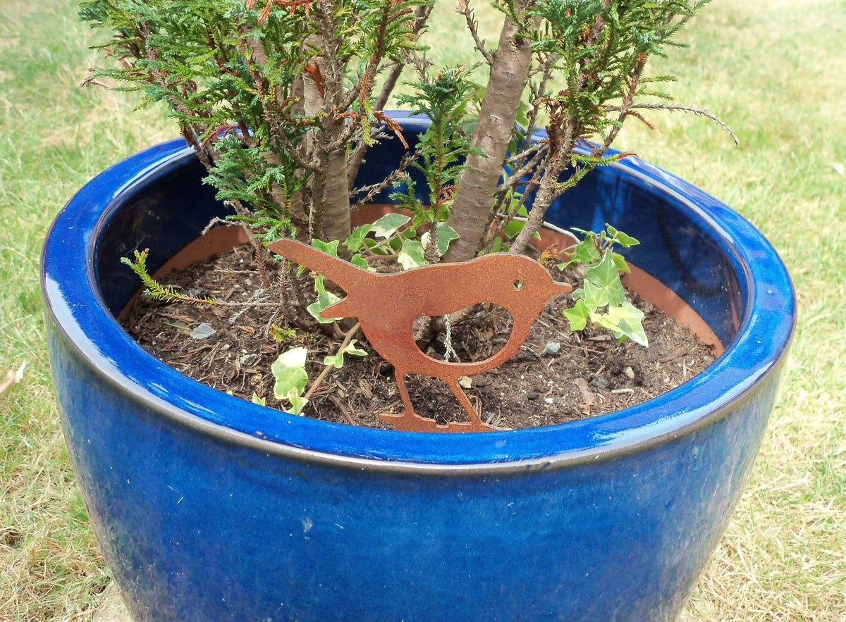 Rusty Steel Robin Garden Ornament displayed in a blue pot, enhancing the rustic charm of garden plants.