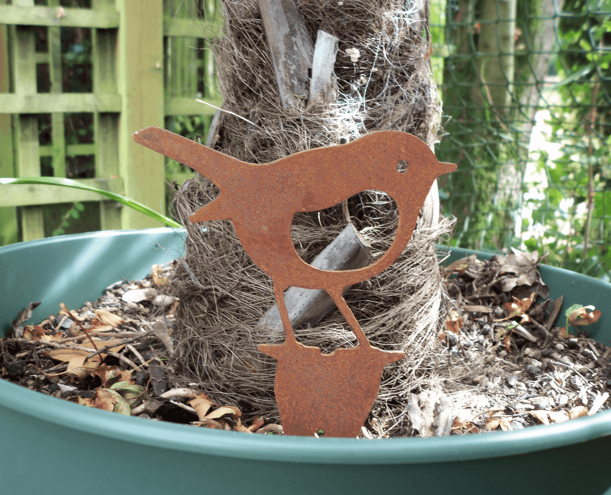 Rusty Steel Robin Garden Ornament displayed in a planter, adding rustic charm to outdoor decor.