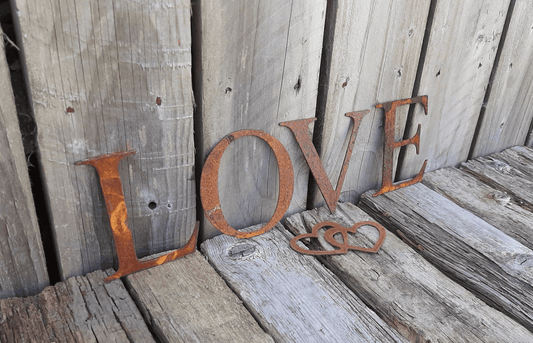 Rusty Metal LOVE with HEARTS Sign Letters. 5" Metal Lettering. Rustic Garden Decoration. Rusted Steel Shop House Sign. LOVE Garden Sign Vintage Decor.