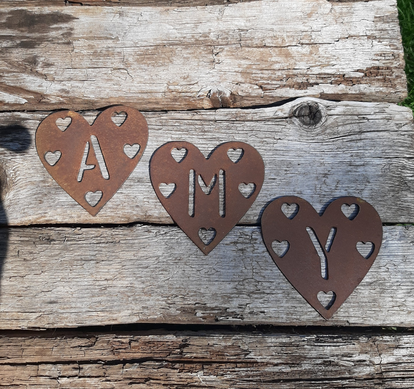 Personalised Rusty Metal SMALL HEART with Heart Cut Outs Rustic Garden Ornament. Letters/Numbers Rusted Steel Garden Art Decor. Metal Hanging Decoration.