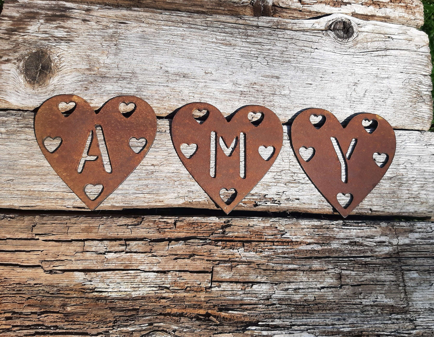 Personalised Rusty Metal SMALL HEART with Heart Cut Outs Rustic Garden Ornament. Letters/Numbers Rusted Steel Garden Art Decor. Metal Hanging Decoration.