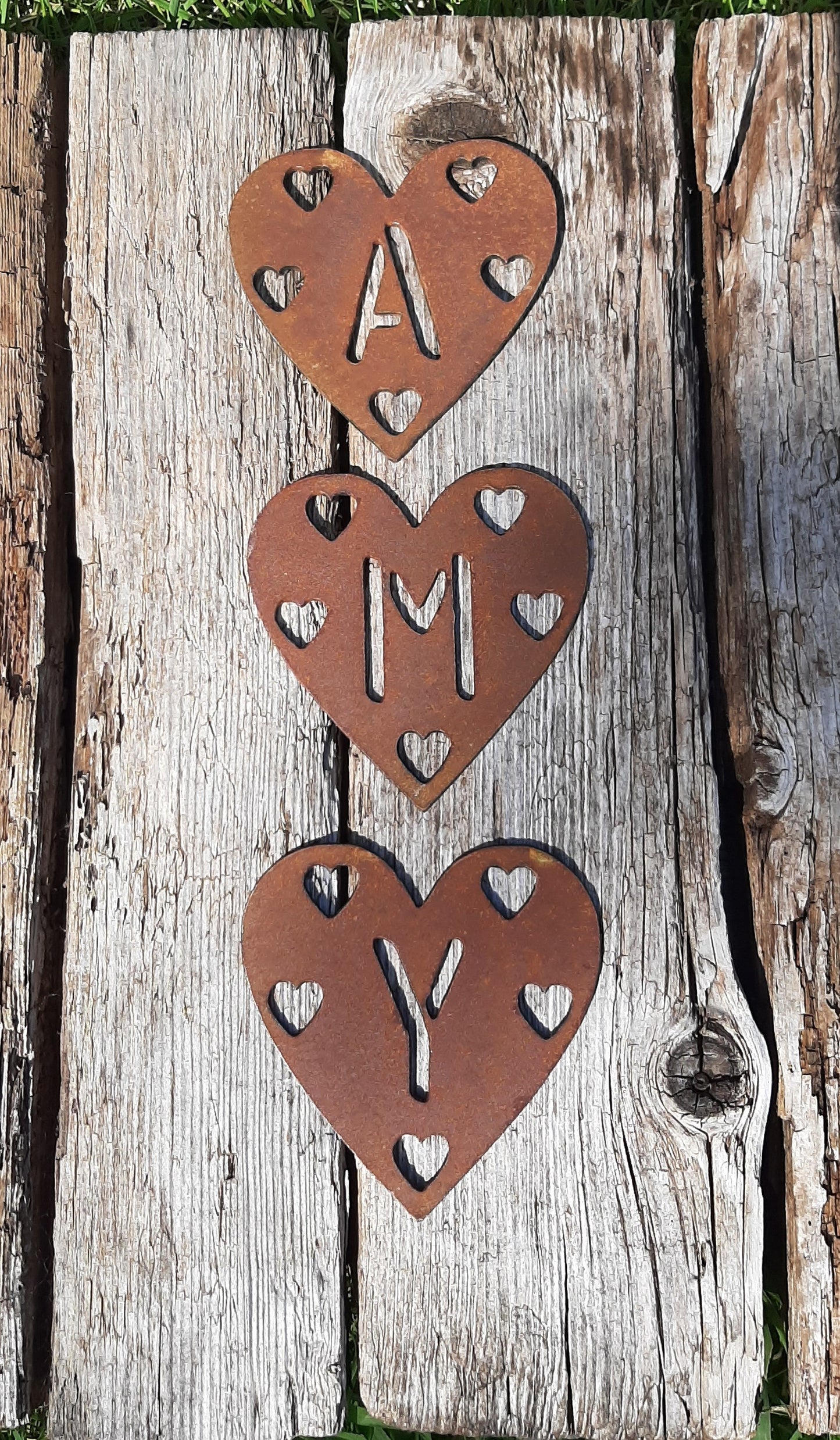 Personalised Rusty Metal SMALL HEART with Heart Cut Outs Rustic Garden Ornament. Letters/Numbers Rusted Steel Garden Art Decor. Metal Hanging Decoration.