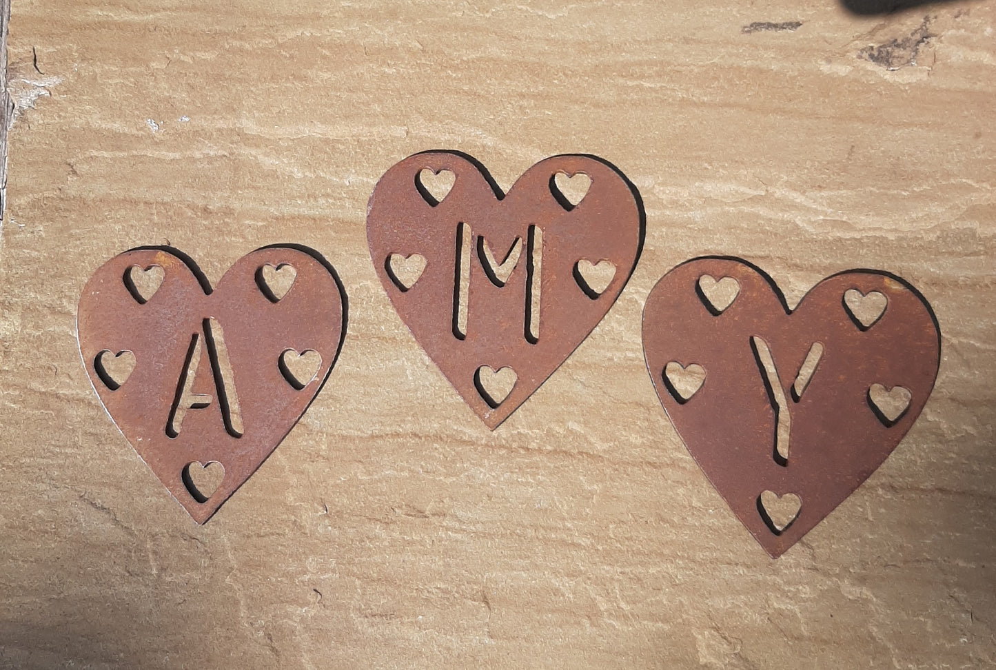 Personalised Rusty Metal SMALL HEART with Heart Cut Outs Rustic Garden Ornament. Letters/Numbers Rusted Steel Garden Art Decor. Metal Hanging Decoration.