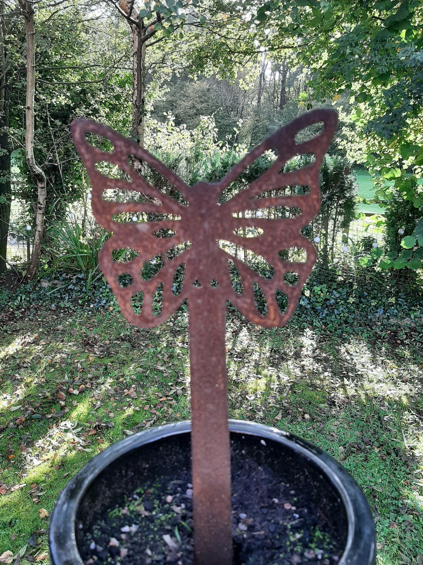 Rusty Metal BUTTERFLY Garden Stake. Rustic Plant Pot Ornament. Metal Garden Butterfly Decoration. Rusted Steel Garden Art. Birthday Gift.