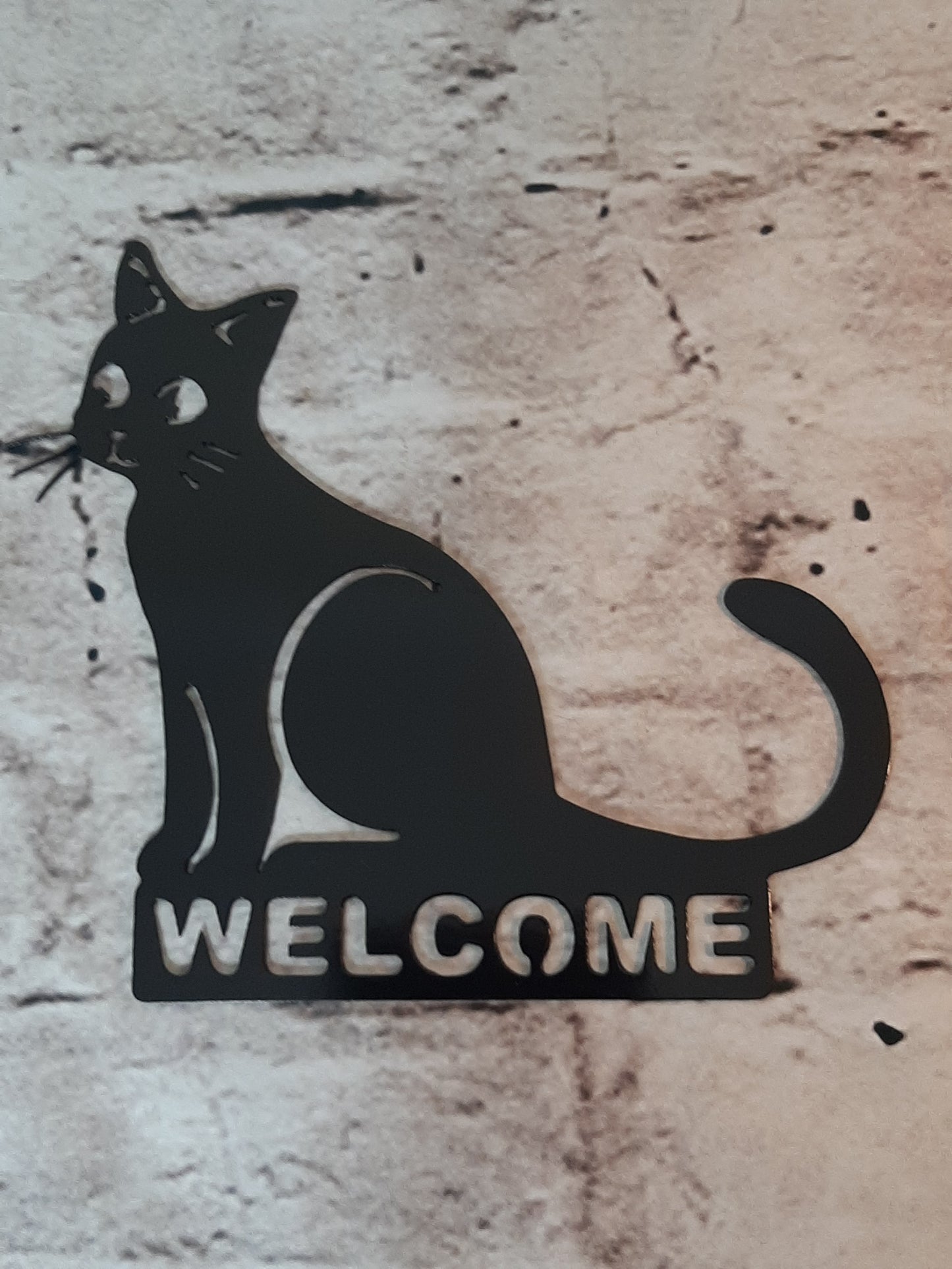 Black Painted Metal WELCOME CAT Sign Plaque Home & Garden Ornament. Metal Wall Art Home Decoration. Painted Steel Art Decor House Cat Gift.