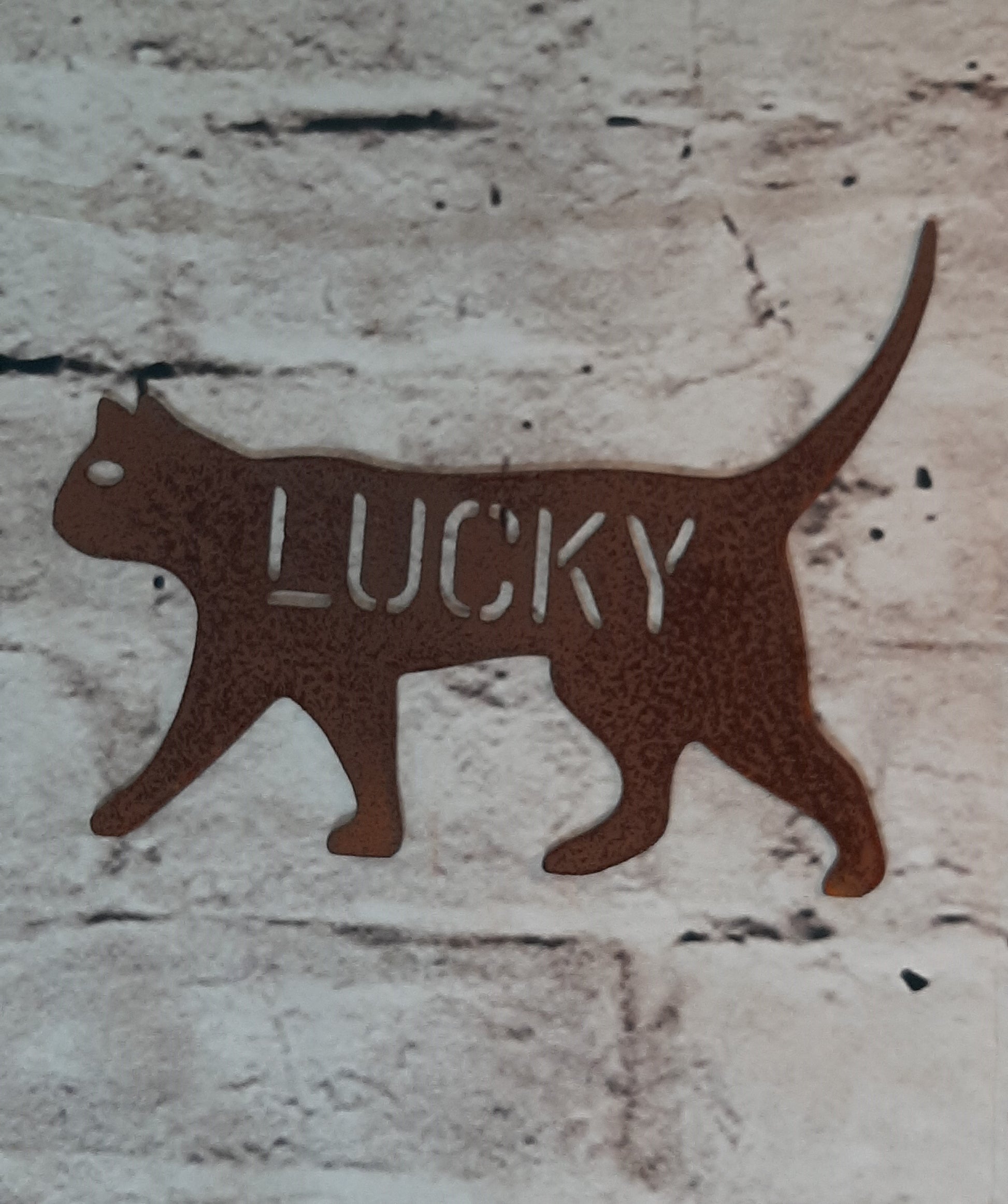 Home decor rustic cat with a custom name "Lucky"