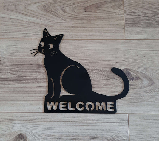 Black Painted Metal WELCOME CAT Sign Plaque Home & Garden Ornament. Metal Wall Art Home Decoration. Painted Steel Art Decor House Cat Gift.