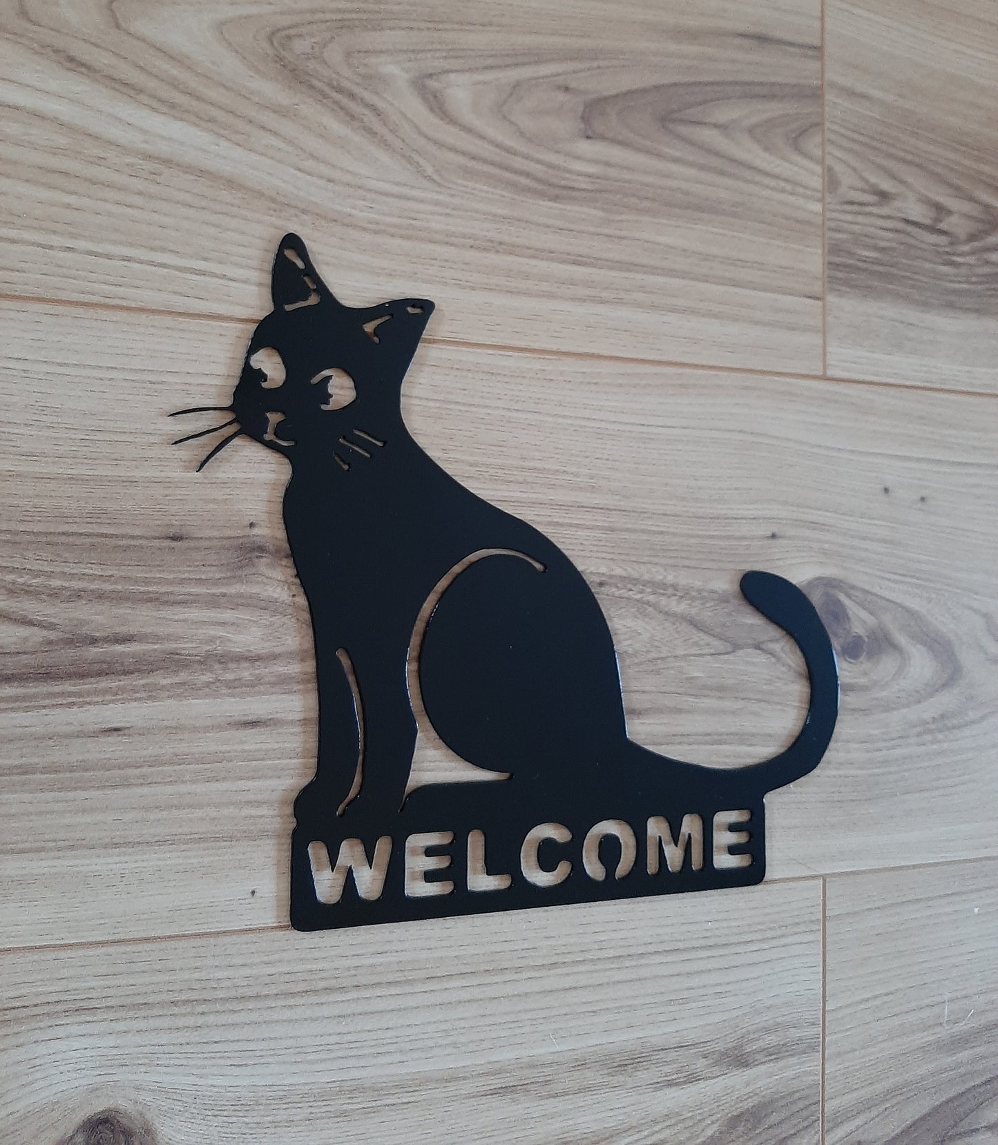 Black Painted Metal WELCOME CAT Sign Plaque Home & Garden Ornament. Metal Wall Art Home Decoration. Painted Steel Art Decor House Cat Gift.