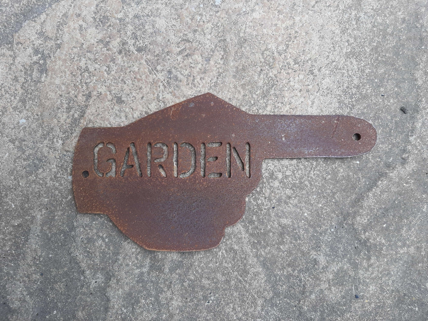 Rusty Metal Hand Pointer Arrow Garden Sign Ornament showing the word 'GARDEN' in rustic style.