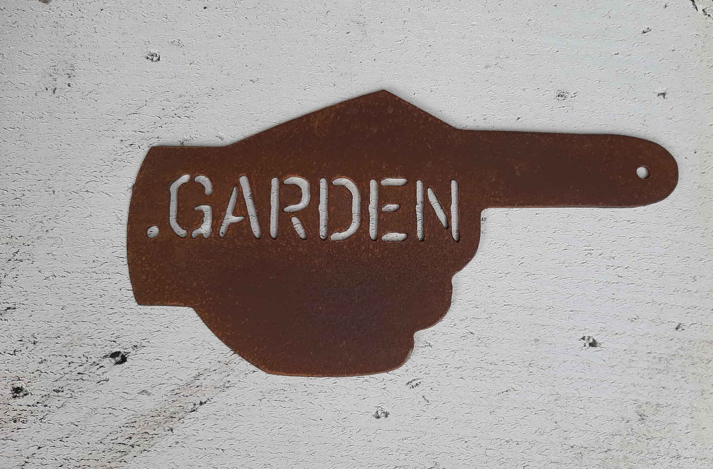 Rusty Metal Hand Pointer Arrow Garden Sign Ornament featuring the word 'GARDEN' in cut-out letters.