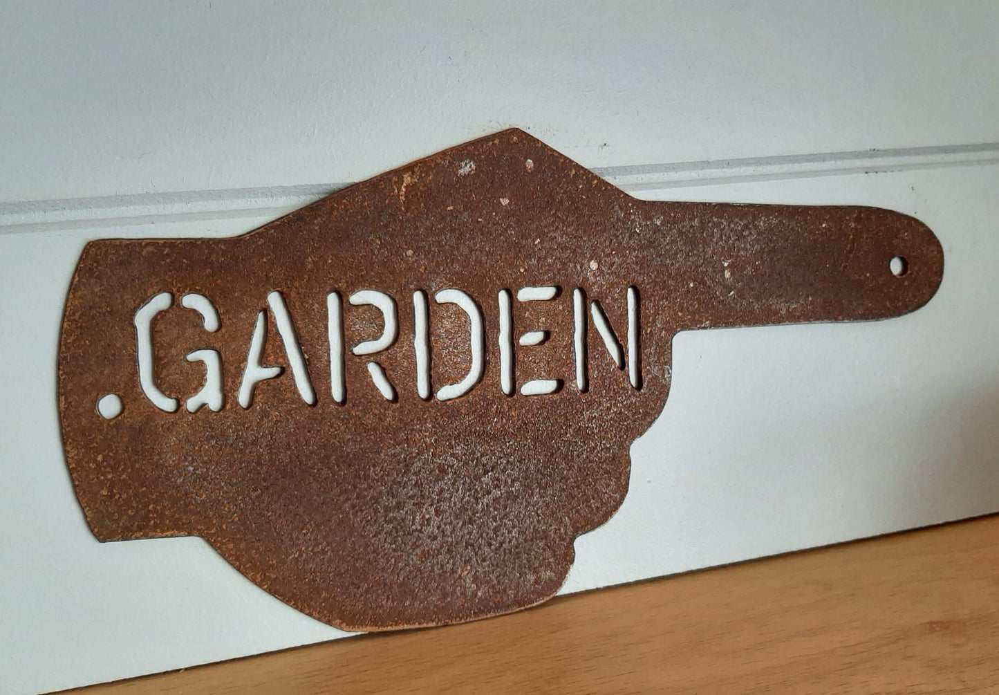 Rusty Metal Hand Pointer Arrow Garden Sign Ornament showing direction to garden with vintage design.