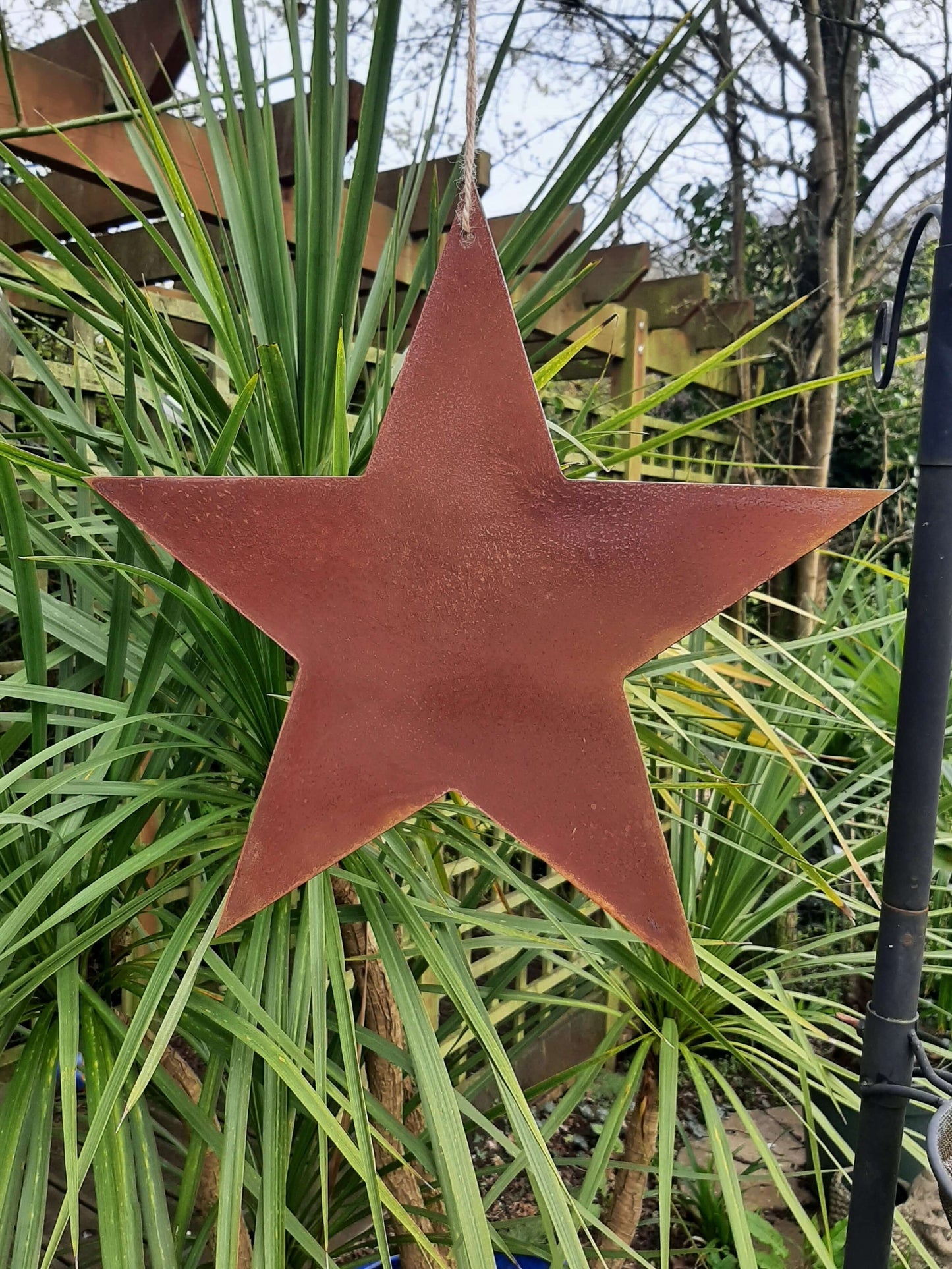 Rusty Metal STAR Garden Ornament   hanging with a green plant background