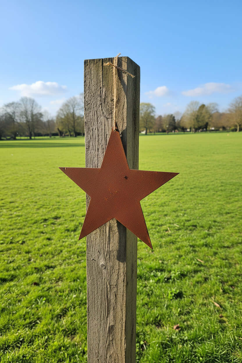 Rusty Metal STAR Garden Ornament  on a wooden post in a green park