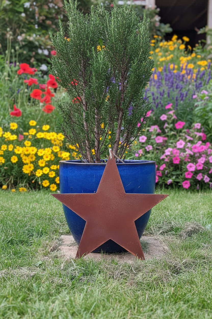 Rusty Metal STAR Garden Ornament  on a grassy ground with a blue planter behind and wild flowers