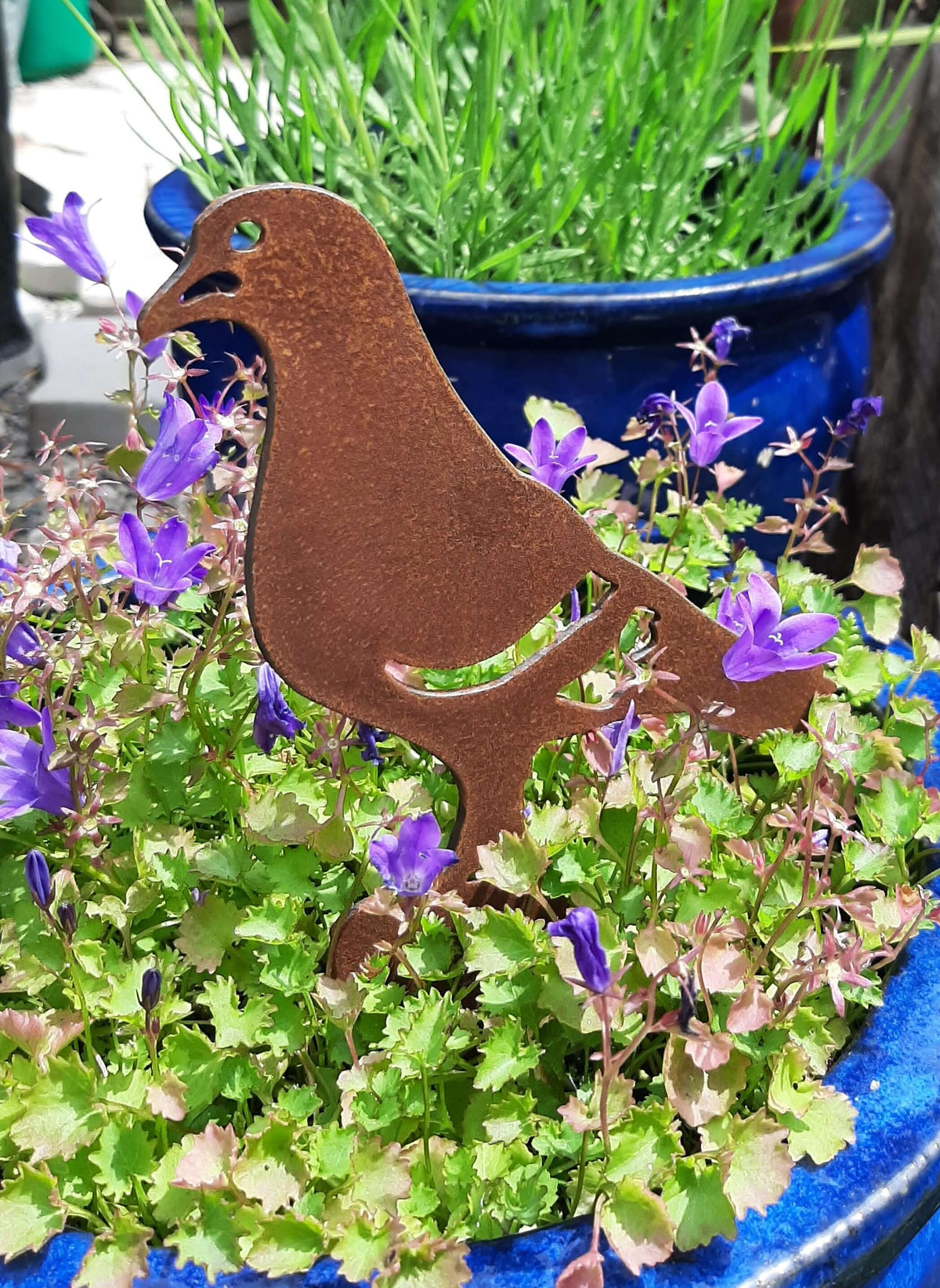 Rusted Steel PIGEON Garden Ornament in vibrant flowers, adding rustic charm to garden decor.