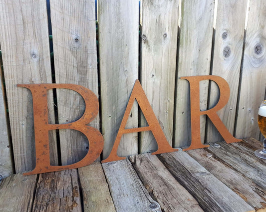 Rusty Metal BAR Sign Letters. 12" Metal Lettering. Rustic Garden Decoration. Rusted Steel Shop House Sign. Garden BAR Sign Vintage Decor Dad