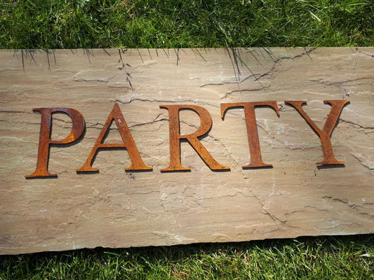 Rusty Metal PARTY Sign Letters. 5" Metal Lettering. Rustic Garden Decoration. Rusted Steel Shop House Sign. Garden Party Sign Vintage Decor.