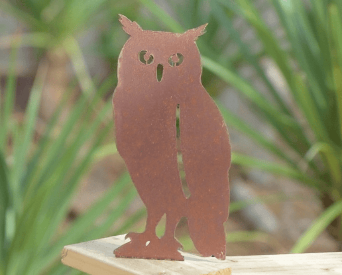 Rustic Steel OWL Garden Ornament showcasing a unique rusted patina finish, perfect for adding charm to your outdoor decor.