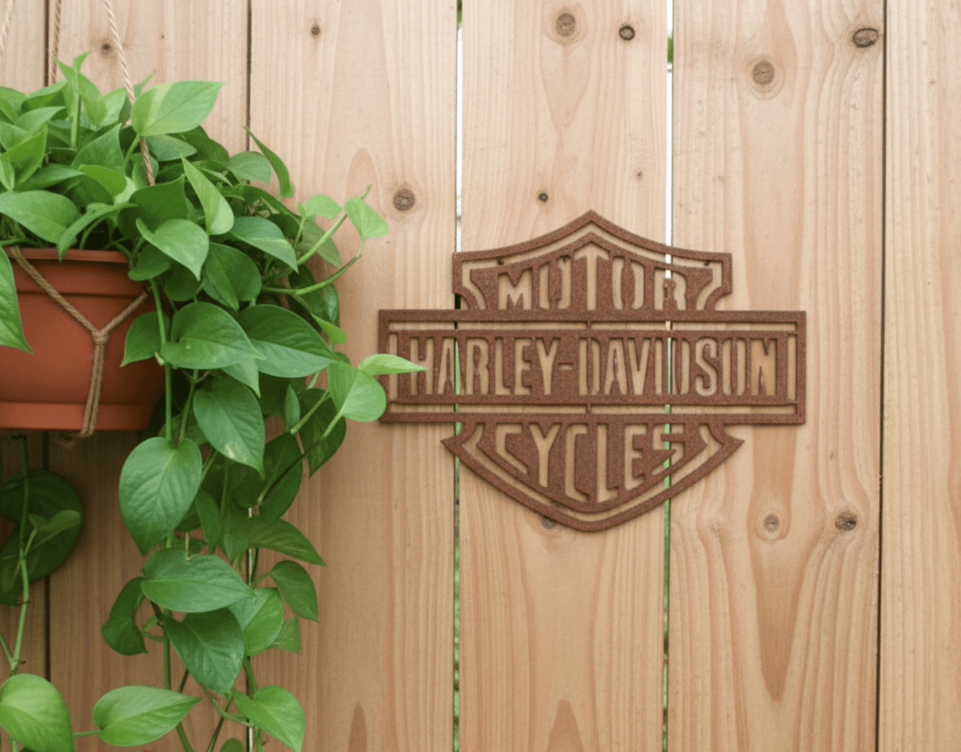 Rustic Metal Harley Davidson Motorcycle Badge Sign on a wooden background with a plant.