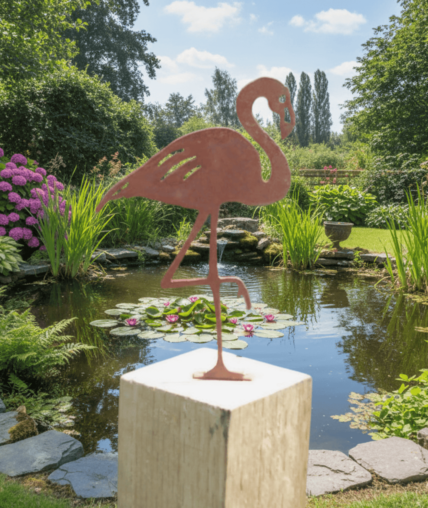 Rusty Metal Flamingo garden ornament on a wooden post beside a tranquil pond with lush greenery and blooming flowers.