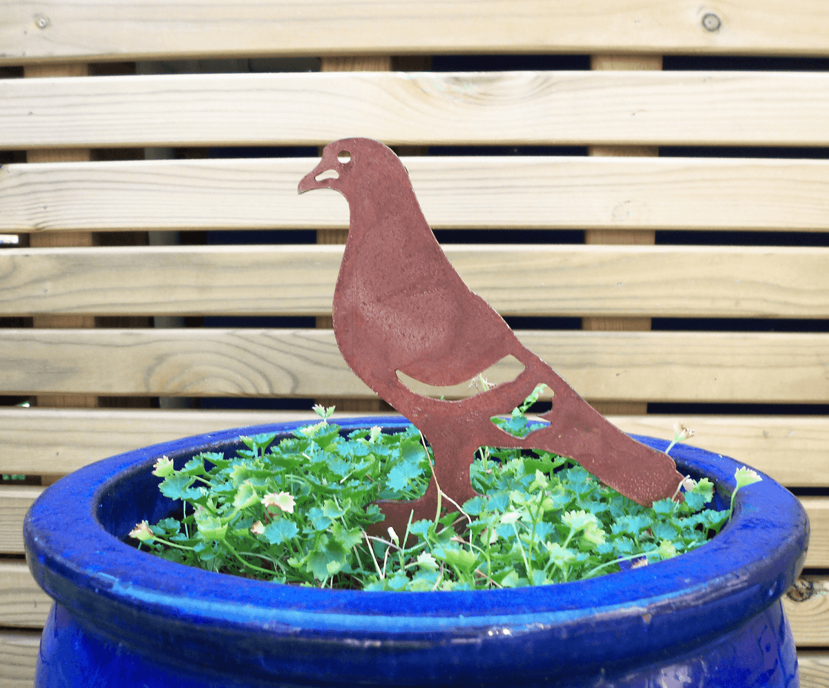 Rusted Steel PIGEON Garden Ornament displayed in a blue pot with green plants, showcasing industrial charm in the garden.