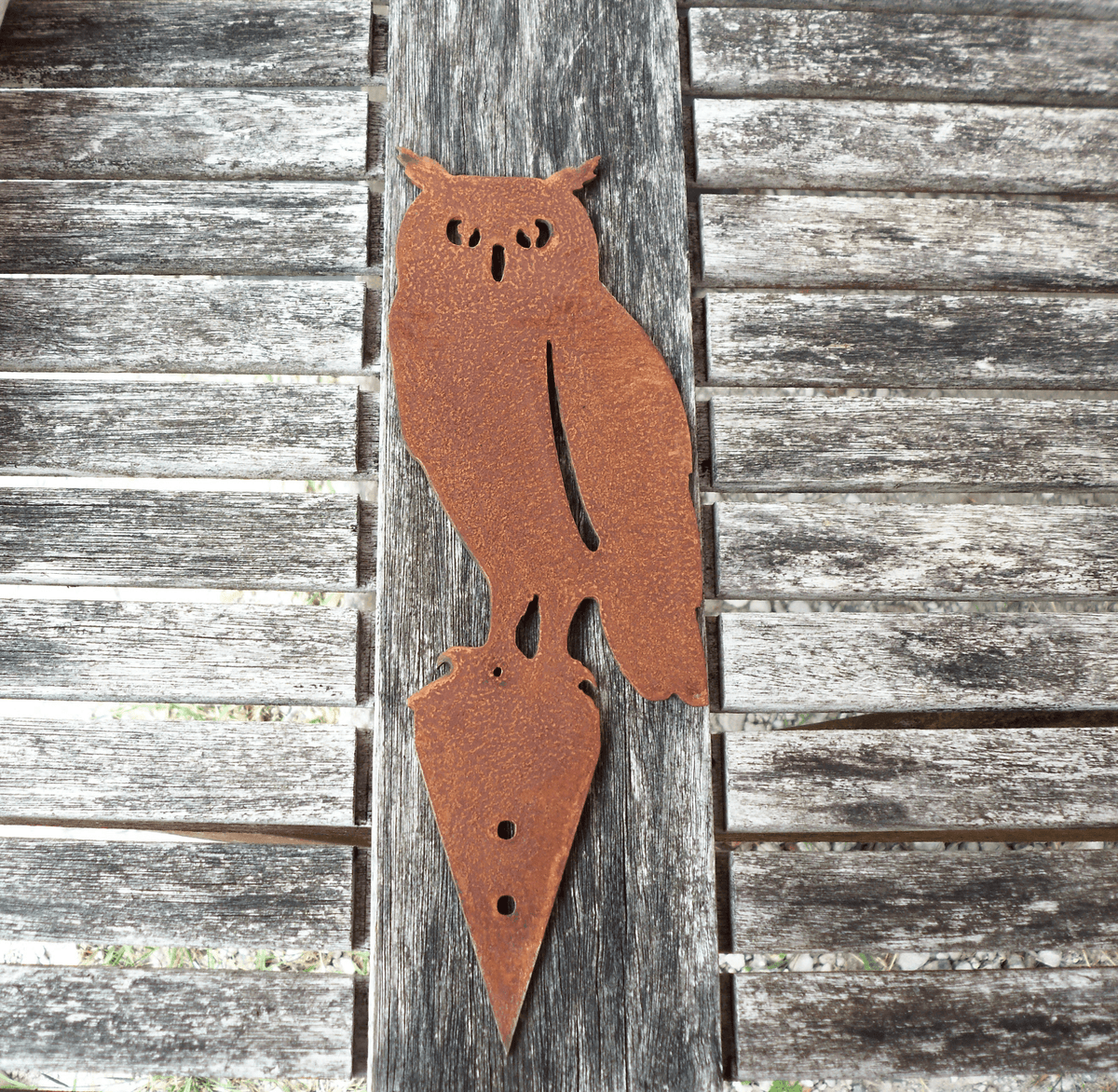 Rusted Steel Owl Garden Ornament, handmade rusted metal bird decoration for garden decor.