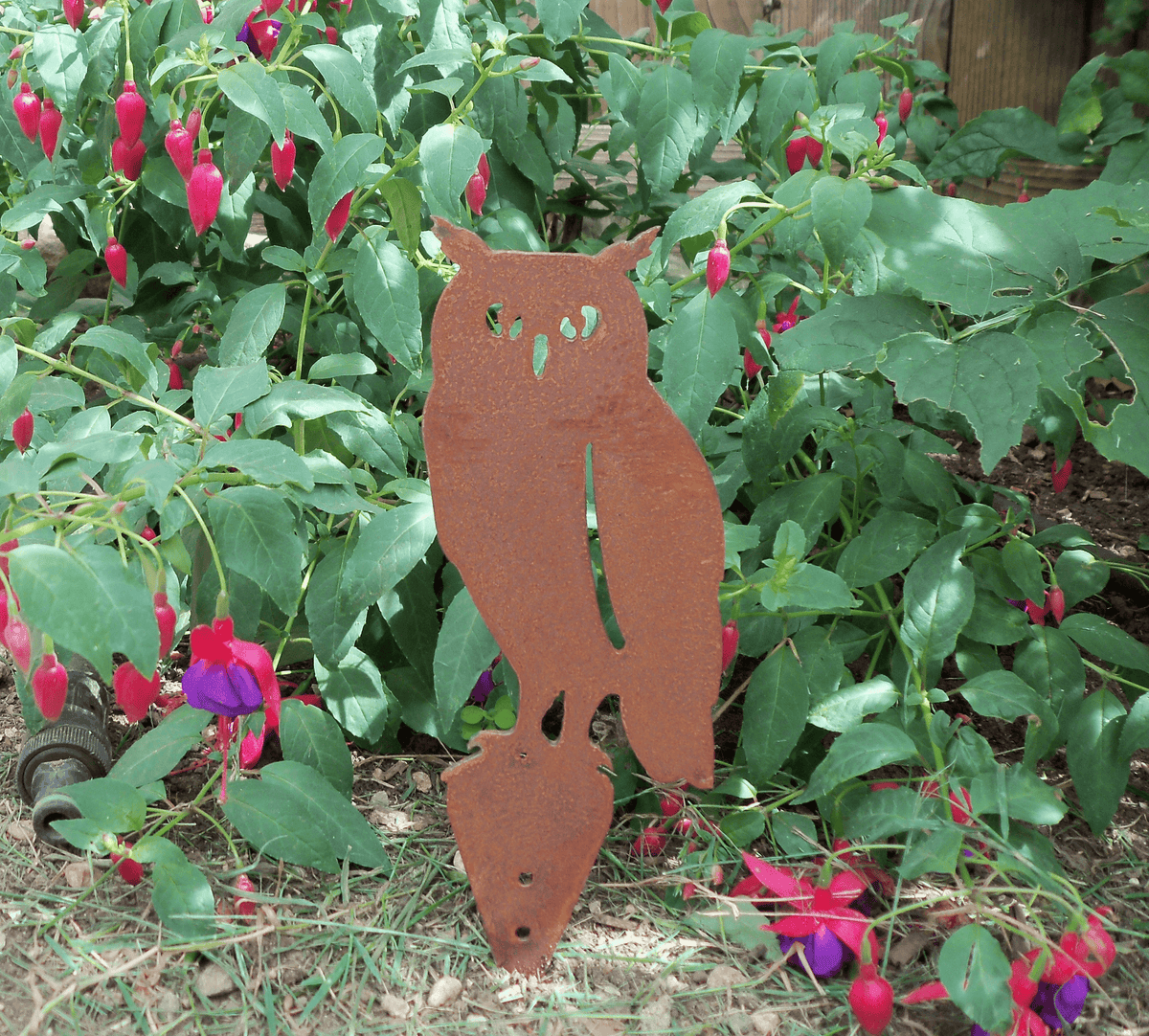 Rusted steel owl garden ornament displayed among colorful flowers in a garden setting.