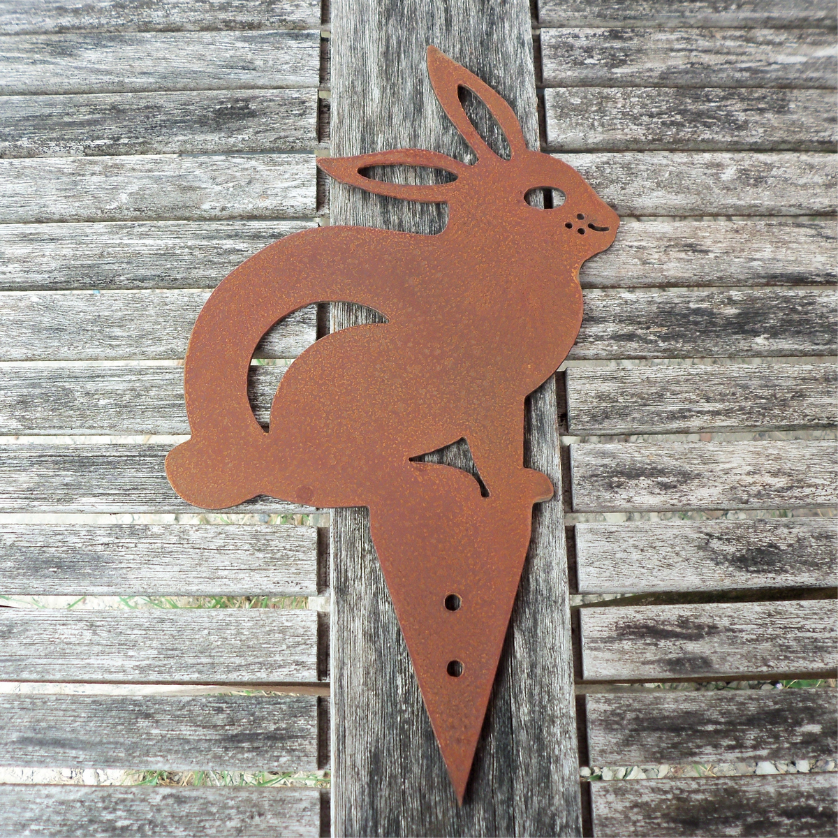 Rusted Steel RABBIT Garden Ornament, unique rustic metal garden art for ground or pot decoration.