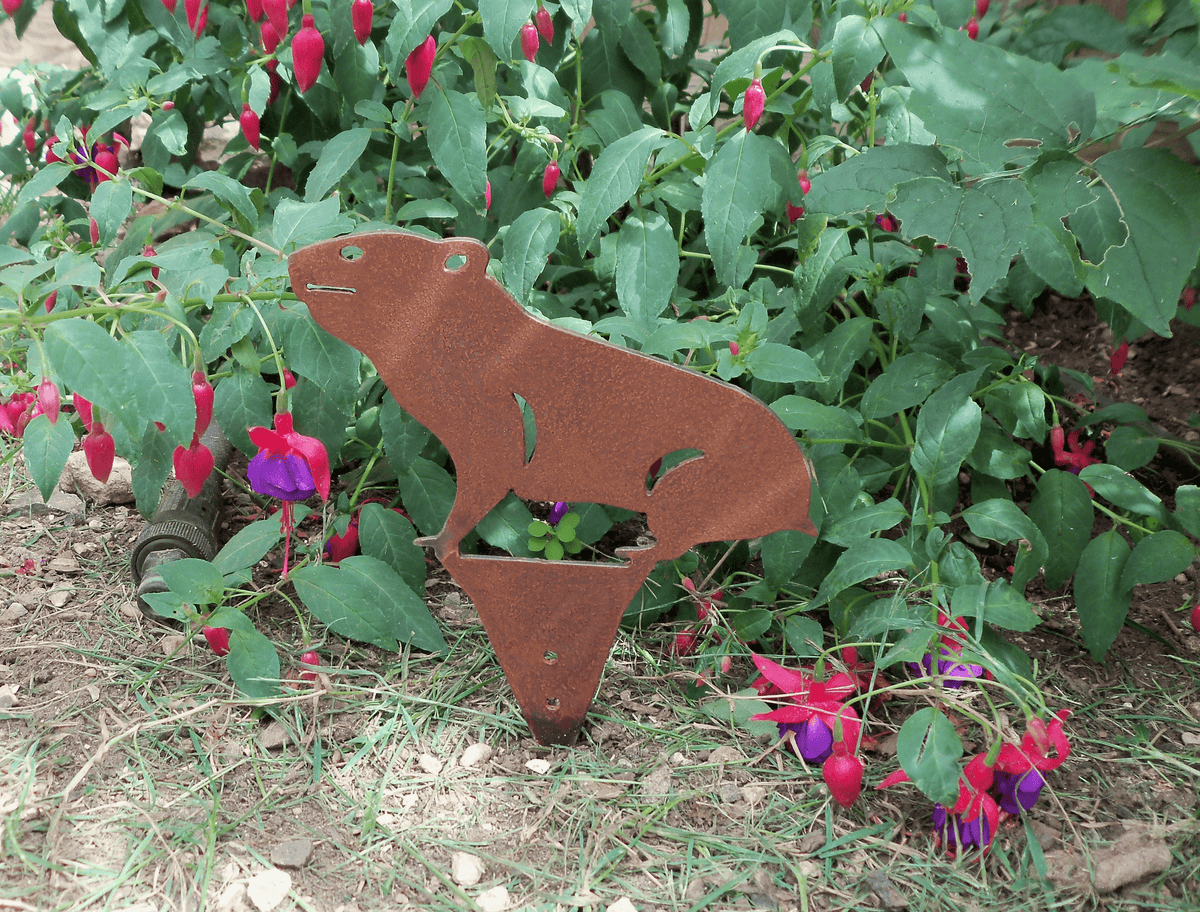 Rusty Steel HAMSTER Garden Ornament nestled among colorful flowers in a rustic garden setting.