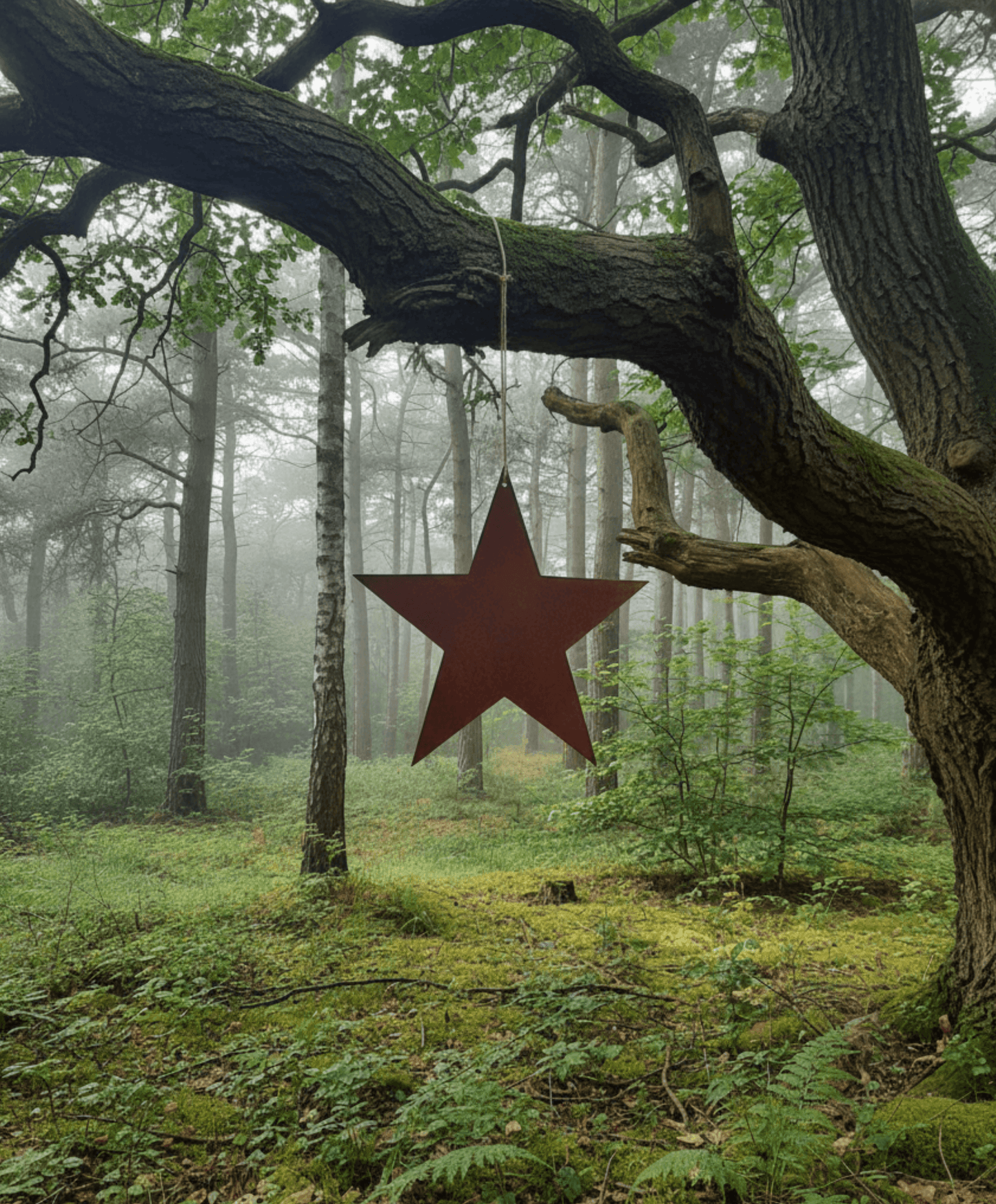 Rusty Metal STAR Garden Ornament  hanging from a tree in a misty forest