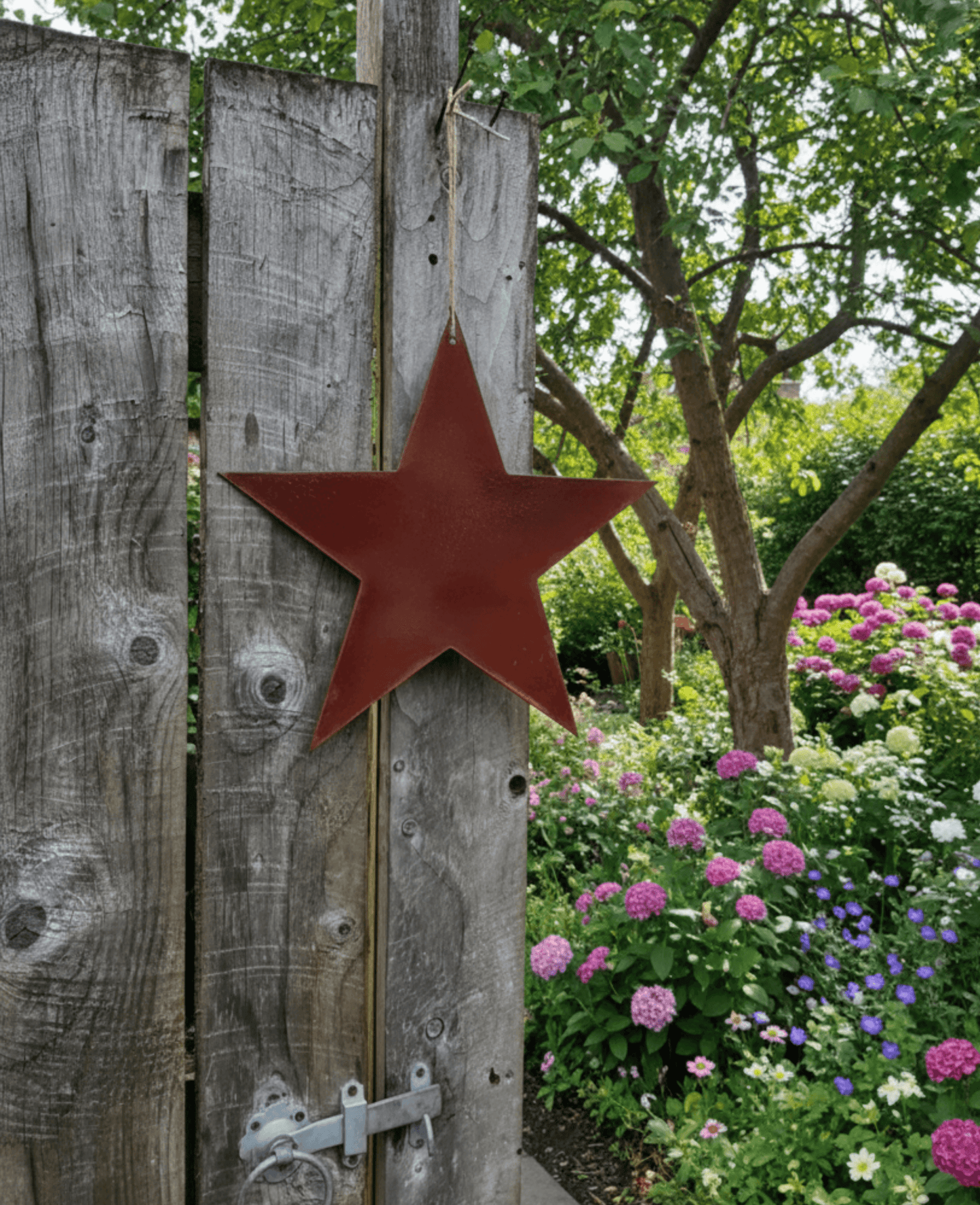 Rusty Metal STAR Garden Ornament  hanging on a wooden fence with flowers and trees in the background