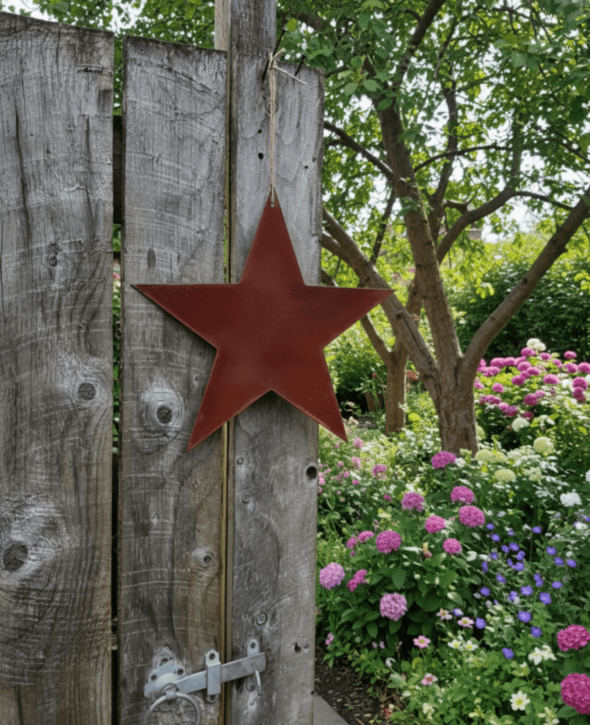 Rusty Metal STAR Garden Ornament  hanging on a wooden fence with flowers and trees in the background