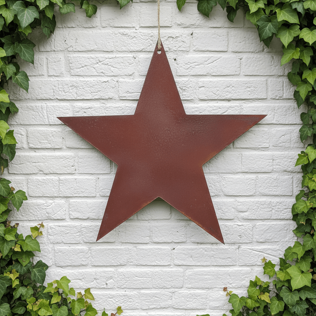 Rusty Metal STAR Garden Ornament decoration on a white brick wall background, with ivy around the sides