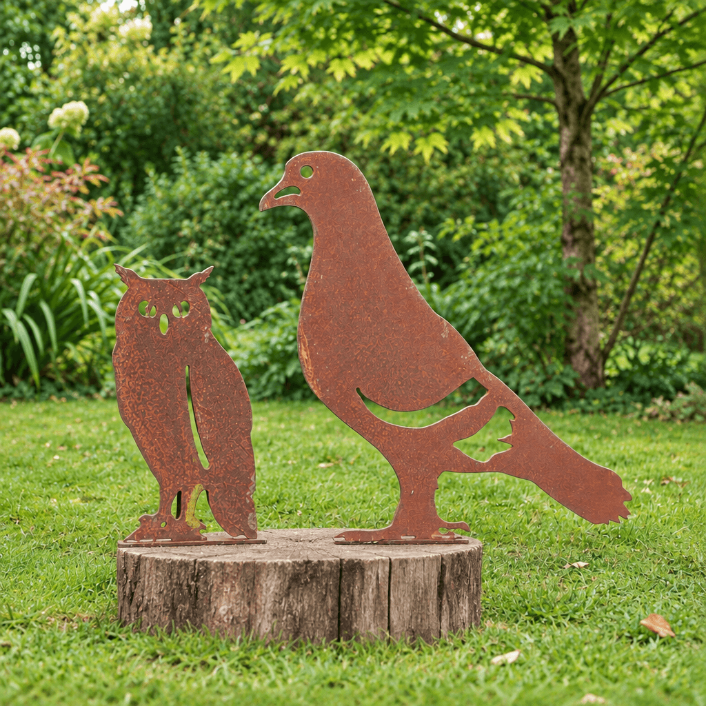 Pigeon and owl displayed on a small wood stump