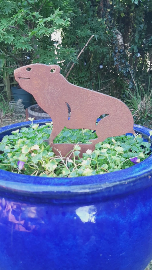 Rusty Steel HAMSTER Garden Ornament - Rustic Metal Decoration - Ground/Pot Spike - Fence Post Topper