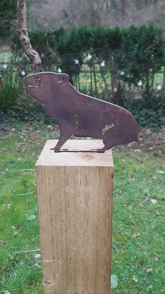Rusty Steel HAMSTER Garden Ornament - Rustic Metal Decoration - Fence Post Topper - Ground/Pot Spike