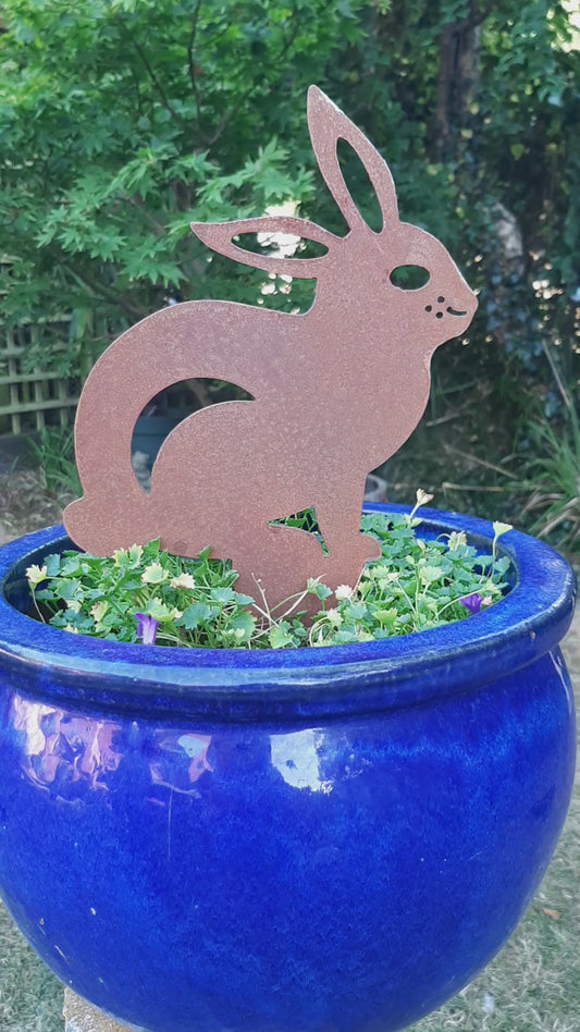 Rusted Steel RABBIT Garden Ornament - Rustic Metal Decoration - Ground/Pot Spike or Fence Post Topper