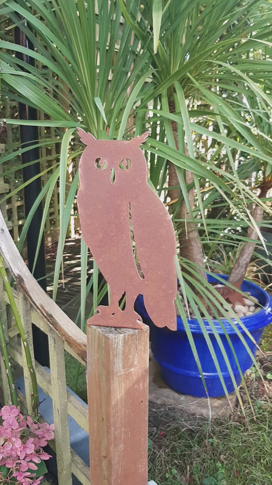 Rustic Steel OWL Garden Ornament - Large Metal Bird Fence Post Topper - Rusty or Plain Steel