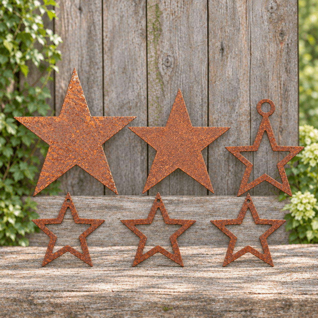 Rustic Steel Star Garden Gift Set - Six-piece handmade rusted steel star garden gift set with two solid stars and four hanging stars on a wooden background, with green foliage