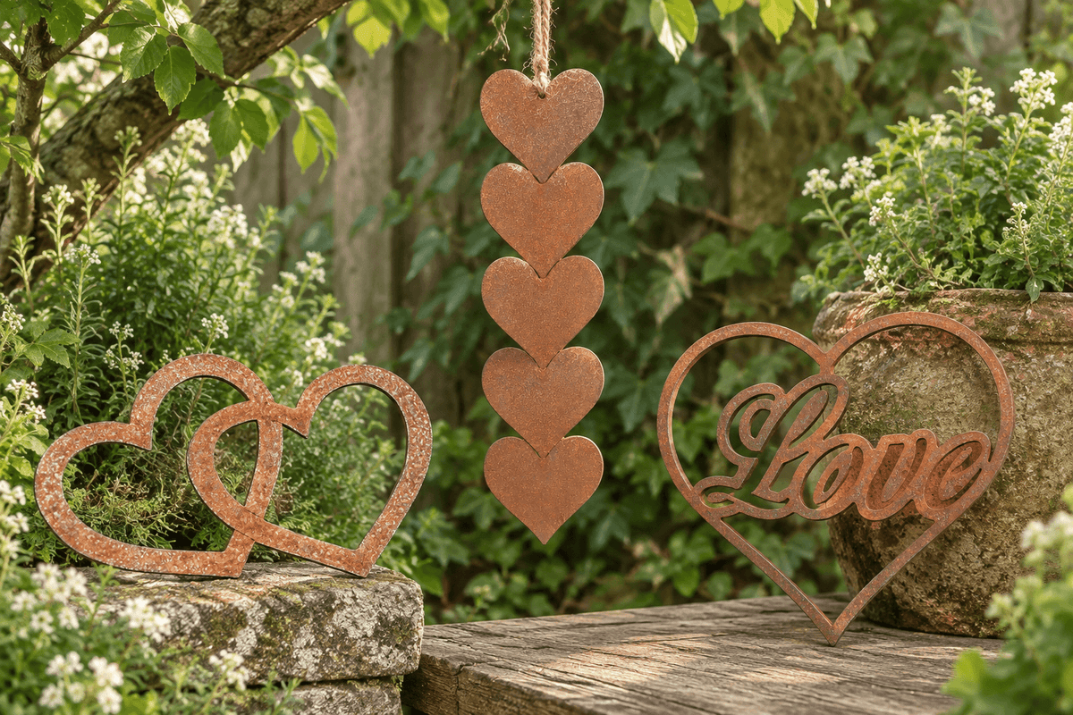 Rustic Steel Hearts Garden Gift Set - 3 piece collection of handmade heart ornaments in a garden setting.