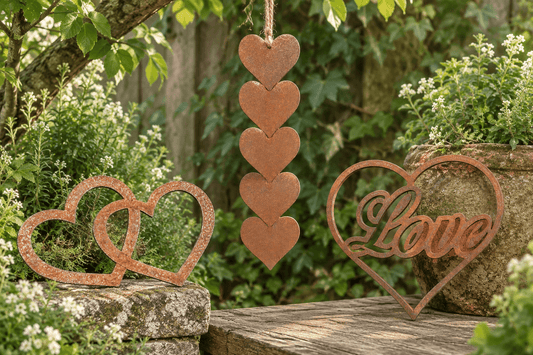 Rustic Steel Hearts Garden Gift Set - 3 piece collection of handmade heart ornaments in a garden setting.